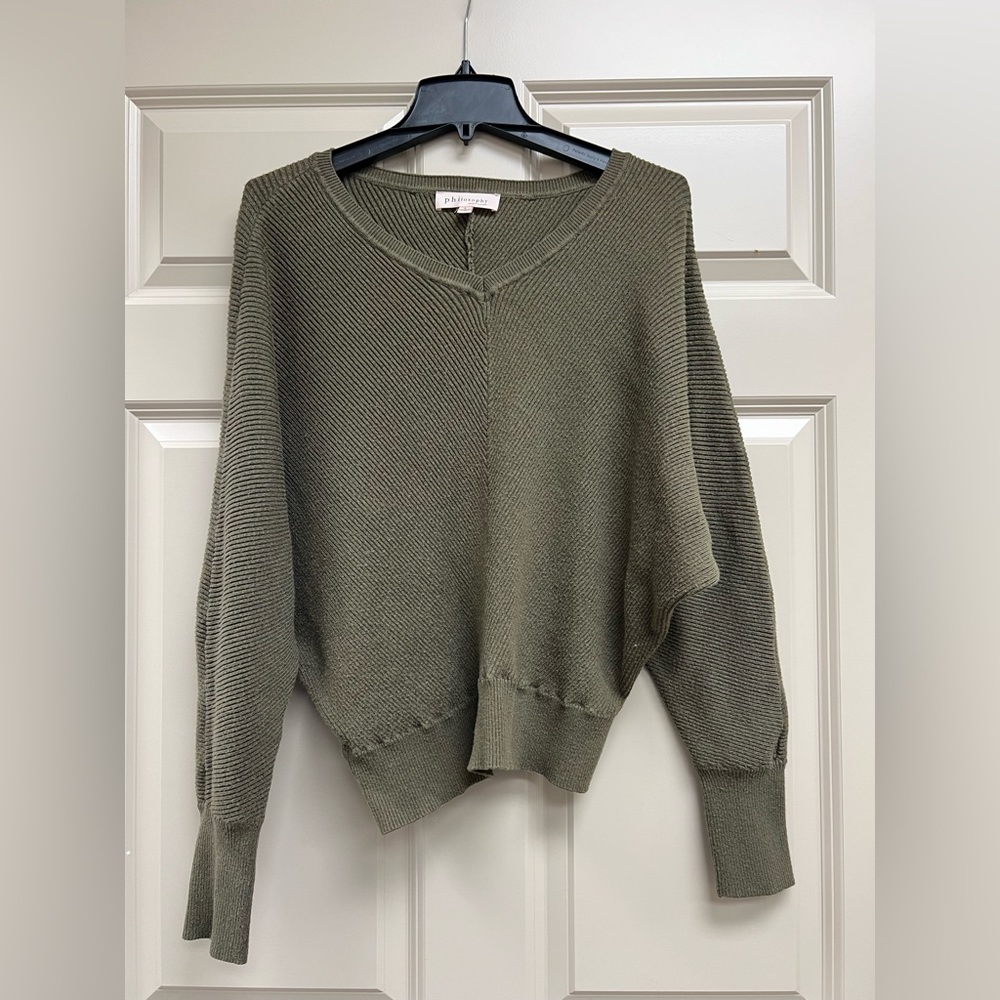 Size Large olive green Philosophy center seam V neck sweater.